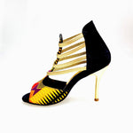 Load image into Gallery viewer, SAVANA SUNSET (460PW) - Sandalo da Donna in Camoscio Nero Elastici Oro con Tessuto Base Nera e colori Arcobaleno con inserti disegnati in Glitter Oro e tacco a spillo laminato Oro
