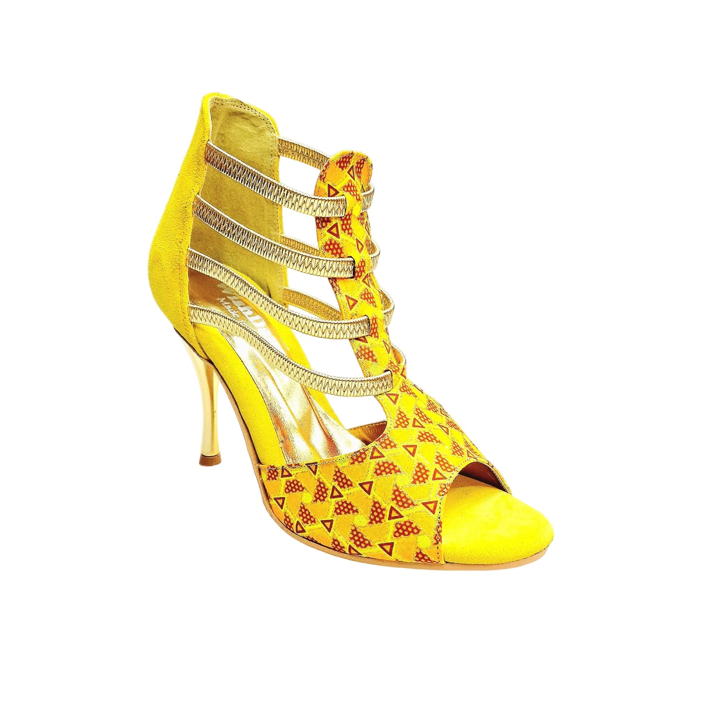 Sandalo donna JIRAF Lime Wish Dance Shop in camoscio giallo, elastici oro, tessuto arancio e giallo, glitter oro e tacco a spillo laminato.
