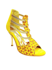 Carica immagine nella Galleria, JIRAF Lime (460PW) - Sandalo da Donna in Camoscio Giallo Elastici Oro e Tessuto colori Arancio e Giallo con inserti disegnati in Glitter Oro e tacco a spillo laminato Oro