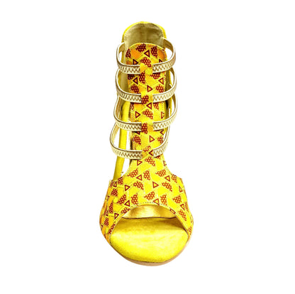 Sandalo da donna JIRAF Lime Wish Dance Shop in camoscio giallo, elastici oro, tessuto arancio e giallo, glitter oro e tacco a spillo laminato oro