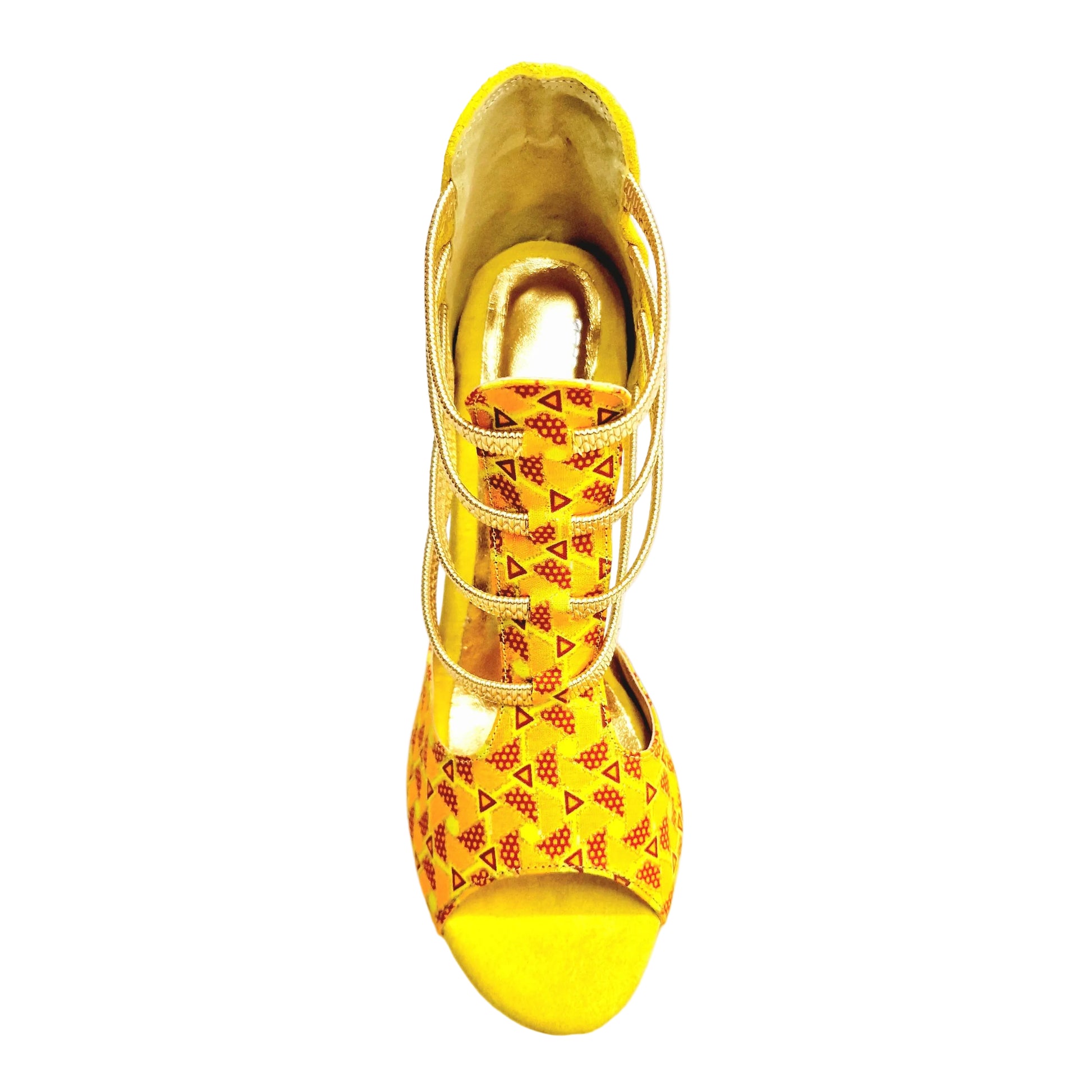 Sandalo donna JIRAF Lime Wish Dance Shop con camoscio giallo, elastici oro, dettagli glitter oro e tacco a spillo laminato oro