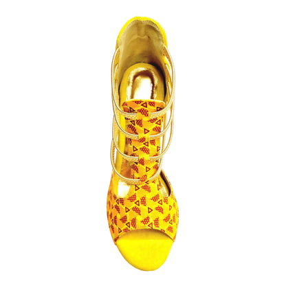 Sandalo donna JIRAF Lime Wish Dance Shop con camoscio giallo, elastici oro, dettagli glitter oro e tacco a spillo laminato oro