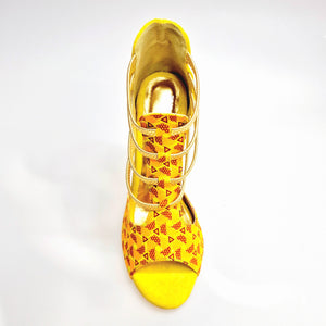 JIRAF Lime (460PW) - Sandalo da Donna in Camoscio Giallo Elastici Oro e Tessuto colori Arancio e Giallo con inserti disegnati in Glitter Oro e tacco a spillo laminato Oro