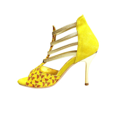 Sandalo donna JIRAF Lime Wish Dance Shop in camoscio giallo, elastici oro, tessuto arancio e giallo, glitter oro e tacco laminato oro