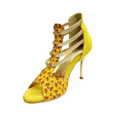 Sandalo donna JIRAF Lime Wish Dance Shop in camoscio giallo, elastici oro, tessuto arancio e giallo, glitter oro e tacco a spillo laminato oro