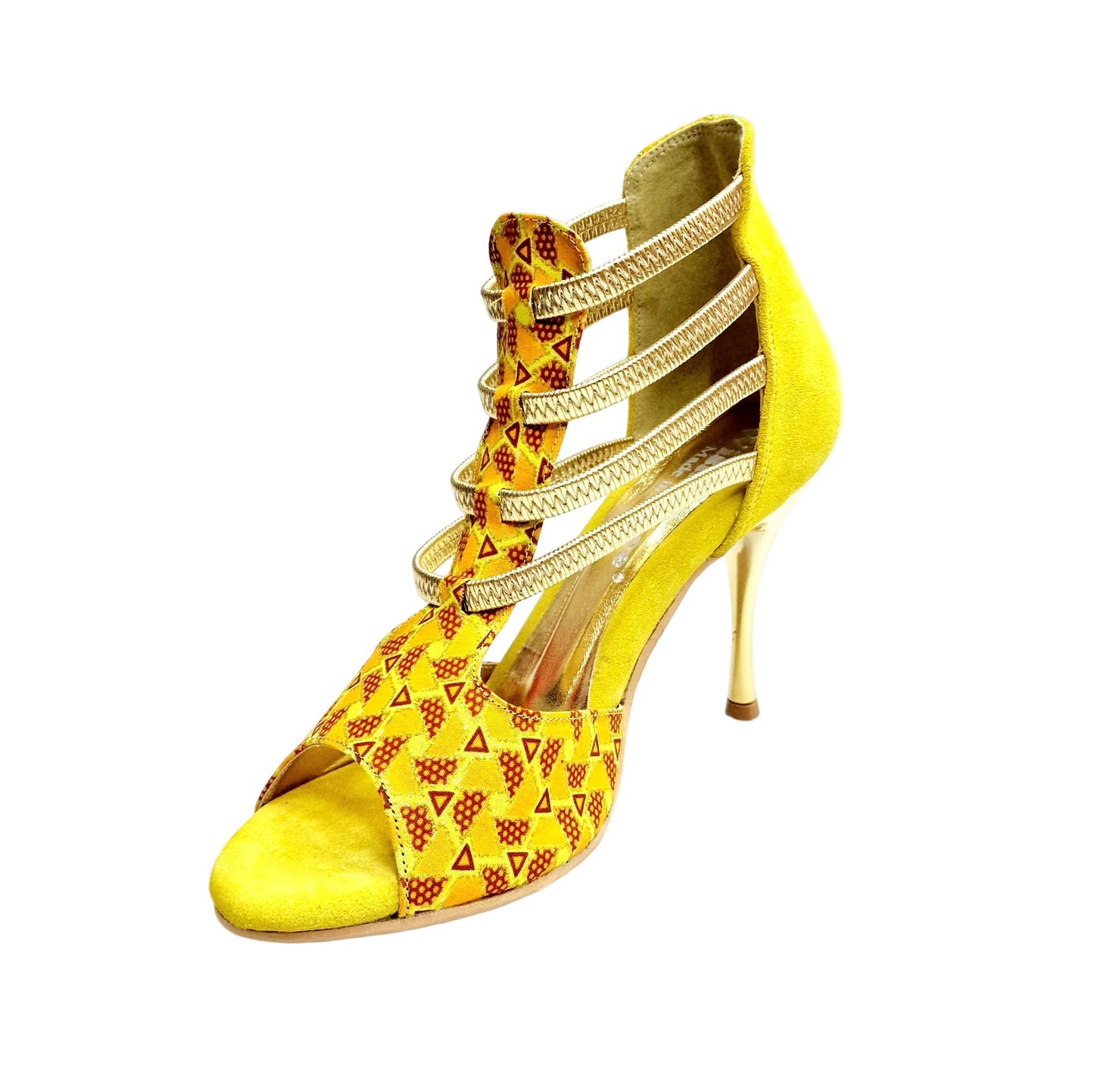 Sandalo donna JIRAF Lime Wish Dance Shop in camoscio giallo con elastici oro, tessuto arancio e giallo, glitter oro e tacco a spillo laminato oro