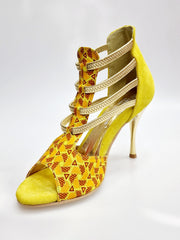 Carica immagine nella Galleria, JIRAF Lime (460PW) - Sandalo da Donna in Camoscio Giallo Elastici Oro e Tessuto colori Arancio e Giallo con inserti disegnati in Glitter Oro e tacco a spillo laminato Oro