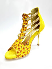 Carica immagine nella Galleria, JIRAF Lime (460PW) - Sandalo da Donna in Camoscio Giallo Elastici Oro e Tessuto colori Arancio e Giallo con inserti disegnati in Glitter Oro e tacco a spillo laminato Oro