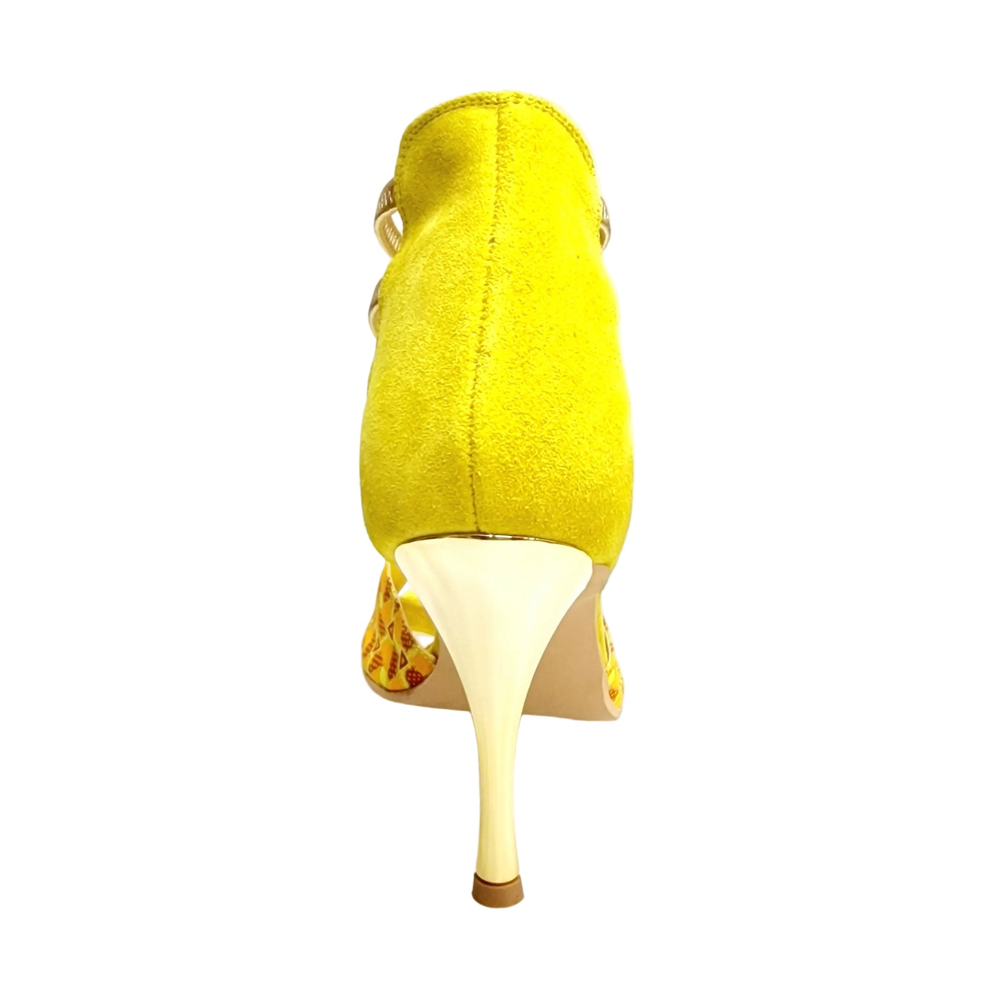 Sandalo donna JIRAF Lime Wish Dance Shop con camoscio giallo, elastici oro, tessuto arancio, glitter oro e tacco a spillo laminato oro