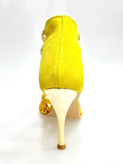 Carica immagine nella Galleria, JIRAF Lime (460PW) - Sandalo da Donna in Camoscio Giallo Elastici Oro e Tessuto colori Arancio e Giallo con inserti disegnati in Glitter Oro e tacco a spillo laminato Oro
