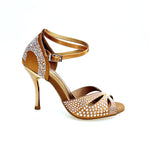 Load image into Gallery viewer, DELUXE MARIPOSA (L102 QB) - Scarpa da Ballo Donna in Raso Seta Bronzo Tan con Swarovski  Cinturino Incrociato alla Caviglia e Tacco a Spillo Laminato Oro Ramato
