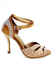 Load image into Gallery viewer, DELUXE MARIPOSA (L102 QB) - Scarpa da Ballo Donna in Raso Seta Bronzo Tan con Swarovski  Cinturino Incrociato alla Caviglia e Tacco a Spillo Laminato Oro Ramato
