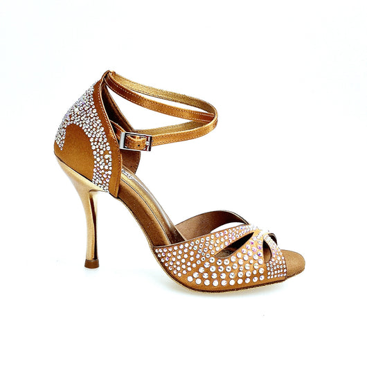 DELUXE MARIPOSA (L102 QB) - Scarpa da Ballo Donna in Raso Seta Bronzo Tan con Swarovski  Cinturino Incrociato alla Caviglia e Tacco a Spillo Laminato Oro Ramato