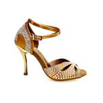 Load image into Gallery viewer, DELUXE MARIPOSA (L102 QB) - Scarpa da Ballo Donna in Raso Seta Bronzo Tan con Swarovski  Cinturino Incrociato alla Caviglia e Tacco a Spillo Laminato Oro Ramato
