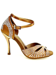 Load image into Gallery viewer, DELUXE MARIPOSA (L102 QB) - Scarpa da Ballo Donna in Raso Seta Bronzo Tan con Swarovski  Cinturino Incrociato alla Caviglia e Tacco a Spillo Laminato Oro Ramato
