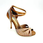 Load image into Gallery viewer, DELUXE MARIPOSA (L102 QB) - Scarpa da Ballo Donna in Raso Seta Bronzo Tan con Swarovski  Cinturino Incrociato alla Caviglia e Tacco a Spillo Laminato Oro Ramato
