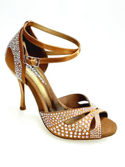 Load image into Gallery viewer, DELUXE MARIPOSA (L102 QB) - Scarpa da Ballo Donna in Raso Seta Bronzo Tan con Swarovski  Cinturino Incrociato alla Caviglia e Tacco a Spillo Laminato Oro Ramato
