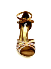 Load image into Gallery viewer, DELUXE MARIPOSA (L102 QB) - Scarpa da Ballo Donna in Raso Seta Bronzo Tan con Swarovski  Cinturino Incrociato alla Caviglia e Tacco a Spillo Laminato Oro Ramato

