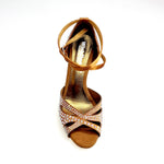 Load image into Gallery viewer, DELUXE MARIPOSA (L102 QB) - Scarpa da Ballo Donna in Raso Seta Bronzo Tan con Swarovski  Cinturino Incrociato alla Caviglia e Tacco a Spillo Laminato Oro Ramato
