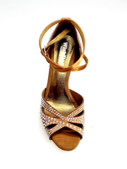 Load image into Gallery viewer, DELUXE MARIPOSA (L102 QB) - Scarpa da Ballo Donna in Raso Seta Bronzo Tan con Swarovski  Cinturino Incrociato alla Caviglia e Tacco a Spillo Laminato Oro Ramato
