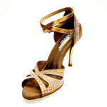 Load image into Gallery viewer, DELUXE MARIPOSA (L102 QB) - Scarpa da Ballo Donna in Raso Seta Bronzo Tan con Swarovski  Cinturino Incrociato alla Caviglia e Tacco a Spillo Laminato Oro Ramato
