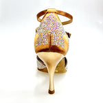 Load image into Gallery viewer, DELUXE MARIPOSA (L102 QB) - Scarpa da Ballo Donna in Raso Seta Bronzo Tan con Swarovski  Cinturino Incrociato alla Caviglia e Tacco a Spillo Laminato Oro Ramato
