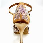 Load image into Gallery viewer, DELUXE MARIPOSA (L102 QB) - Scarpa da Ballo Donna in Raso Seta Bronzo Tan con Swarovski  Cinturino Incrociato alla Caviglia e Tacco a Spillo Laminato Oro Ramato
