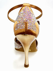 Load image into Gallery viewer, DELUXE MARIPOSA (L102 QB) - Scarpa da Ballo Donna in Raso Seta Bronzo Tan con Swarovski  Cinturino Incrociato alla Caviglia e Tacco a Spillo Laminato Oro Ramato
