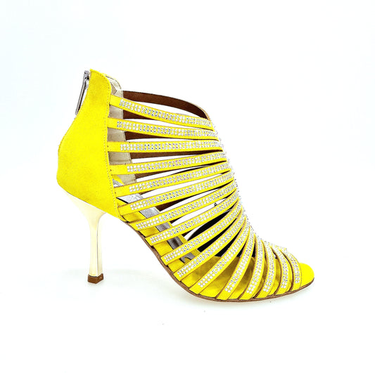 Sandalo a tronchetto donna ELSY Plus in camoscio giallo con Swarovski Boreali e tacco a stiletto squadrato laminato oro
