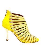 Carica immagine nella Galleria, ELSY Plus (L7) - Sandalo a Tronchetto Da Donna in Morbido Camoscio Giallo Con Swarovski Boreali e Tacco a Stiletto Squadrato Sottile Laminato Oro