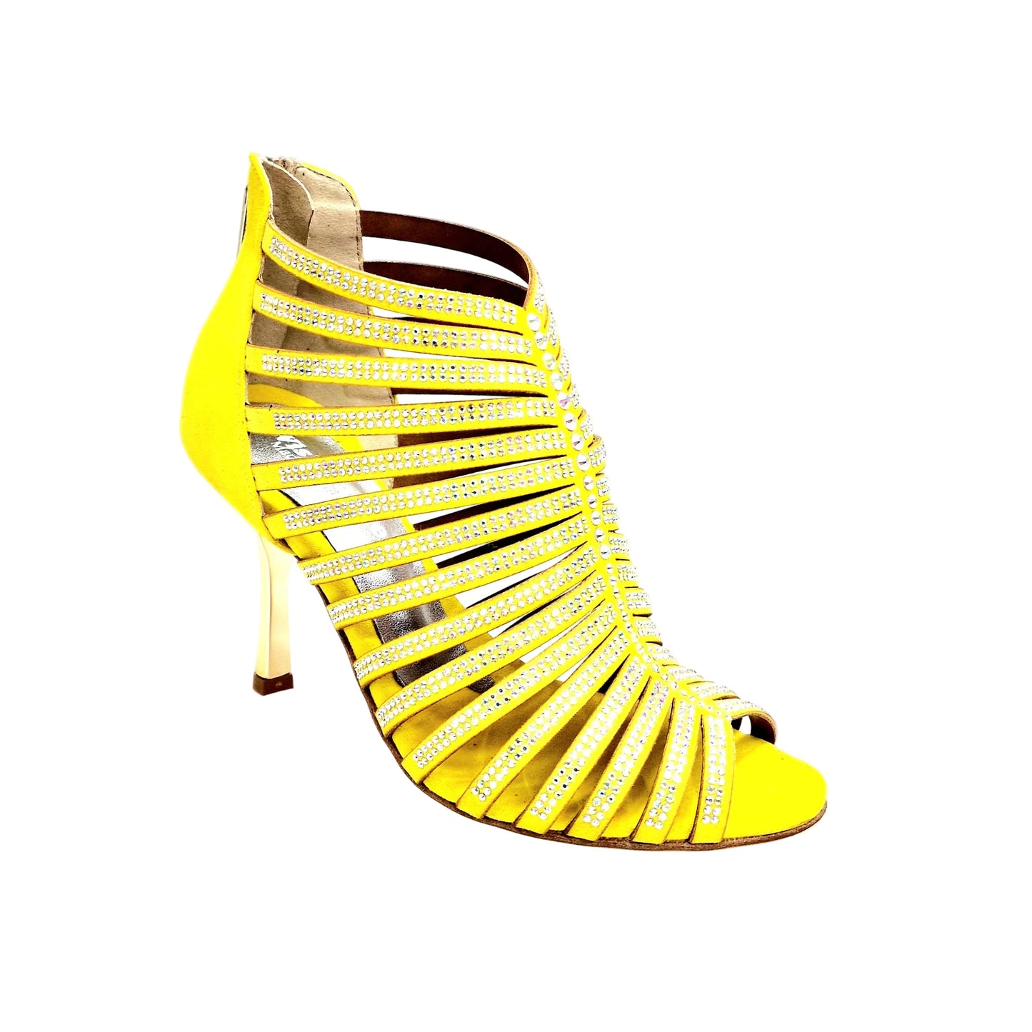 Sandalo a tronchetto donna ELSY Plus (L7) in morbido camoscio giallo con Swarovski Boreali e tacco stiletto laminato oro