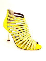 Carica immagine nella Galleria, ELSY Plus (L7) - Sandalo a Tronchetto Da Donna in Morbido Camoscio Giallo Con Swarovski Boreali e Tacco a Stiletto Squadrato Sottile Laminato Oro
