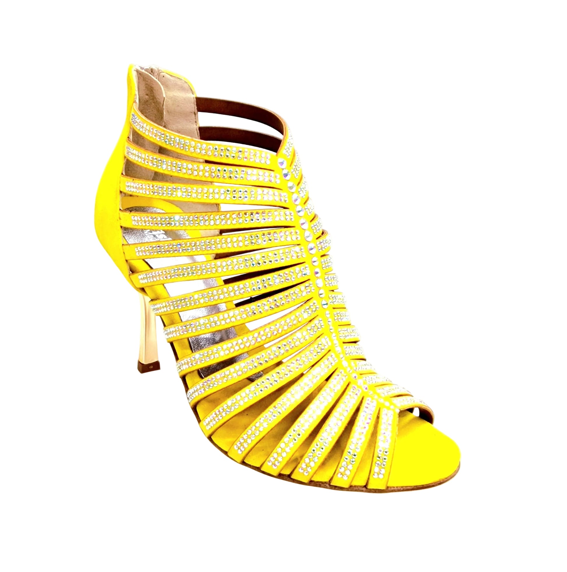 Sandalo a tronchetto donna ElsY Plus L7 in morbido camoscio giallo con Swarovski Boreali e tacco stiletto squadrato laminato oro