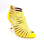 Load image into Gallery viewer, ELSY Plus (L7) - Sandalo a Tronchetto Da Donna in Morbido Camoscio Giallo Con Swarovski Boreali e Tacco a Stiletto Squadrato Sottile Laminato Oro
