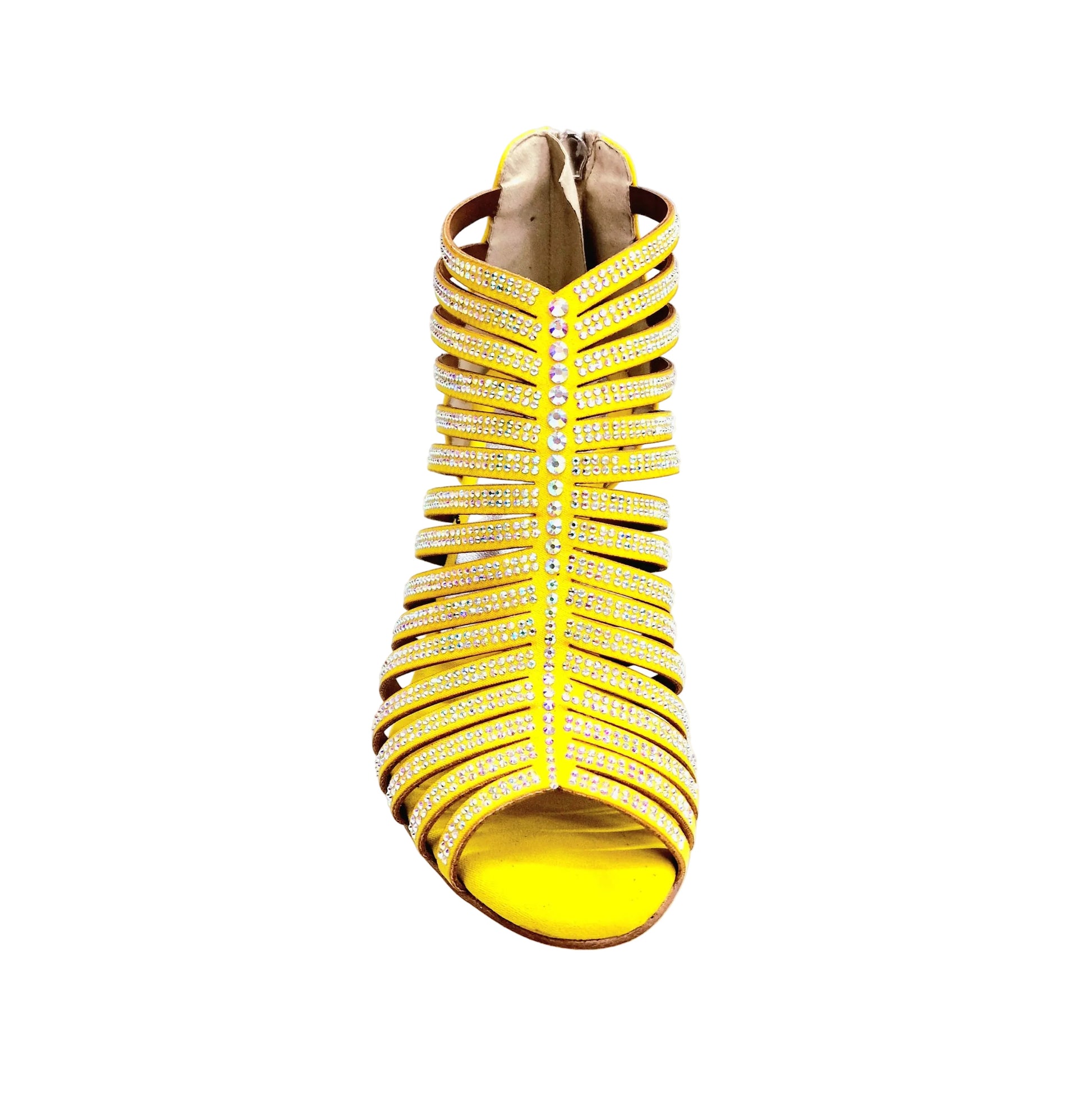 Sandalo a tronchetto donna ELSY Plus (L7) in camoscio giallo con Swarovski Boreali, tacco stiletto squadrato e finitura laminato oro