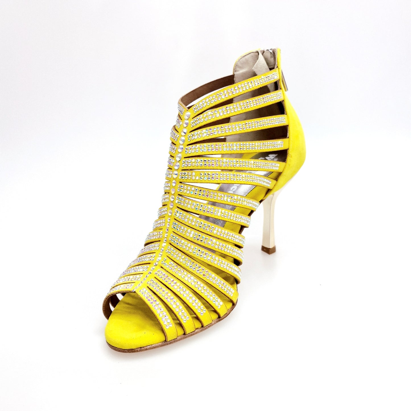 Sandalo a tronchetto donna ElsY Plus (L7) in camoscio giallo con Swarovski, tacco squadrato laminato oro, Wish Dance Shop.