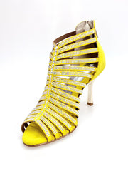 Carica immagine nella Galleria, ELSY Plus (L7) - Sandalo a Tronchetto Da Donna in Morbido Camoscio Giallo Con Swarovski Boreali e Tacco a Stiletto Squadrato Sottile Laminato Oro
