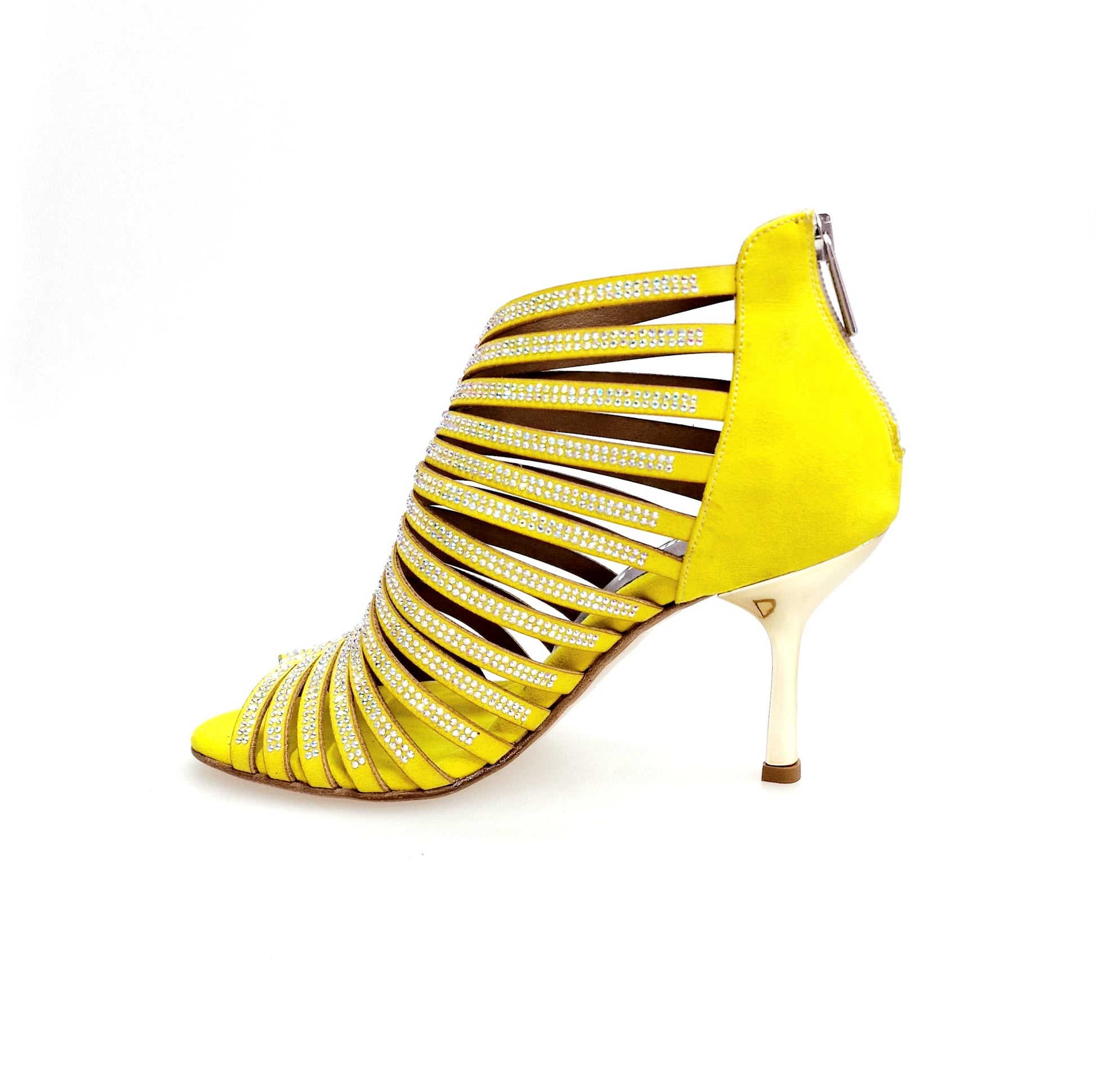 Sandalo a tronchetto donna Elsy Plus (L7) in morbido camoscio giallo con Swarovski boreali, tacco squadrato laminato oro.