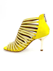 Carica immagine nella Galleria, ELSY Plus (L7) - Sandalo a Tronchetto Da Donna in Morbido Camoscio Giallo Con Swarovski Boreali e Tacco a Stiletto Squadrato Sottile Laminato Oro
