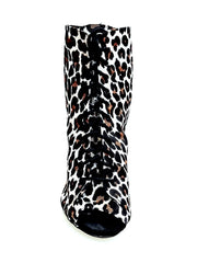 Carica immagine nella Galleria, ALEXIS Leyopa (Art. 132) - Mezzo Stivaletto con Zip in Raso seta Maculato Leopardo Bianco Tacco a Spillo in Alluminio Smaltato Nero
