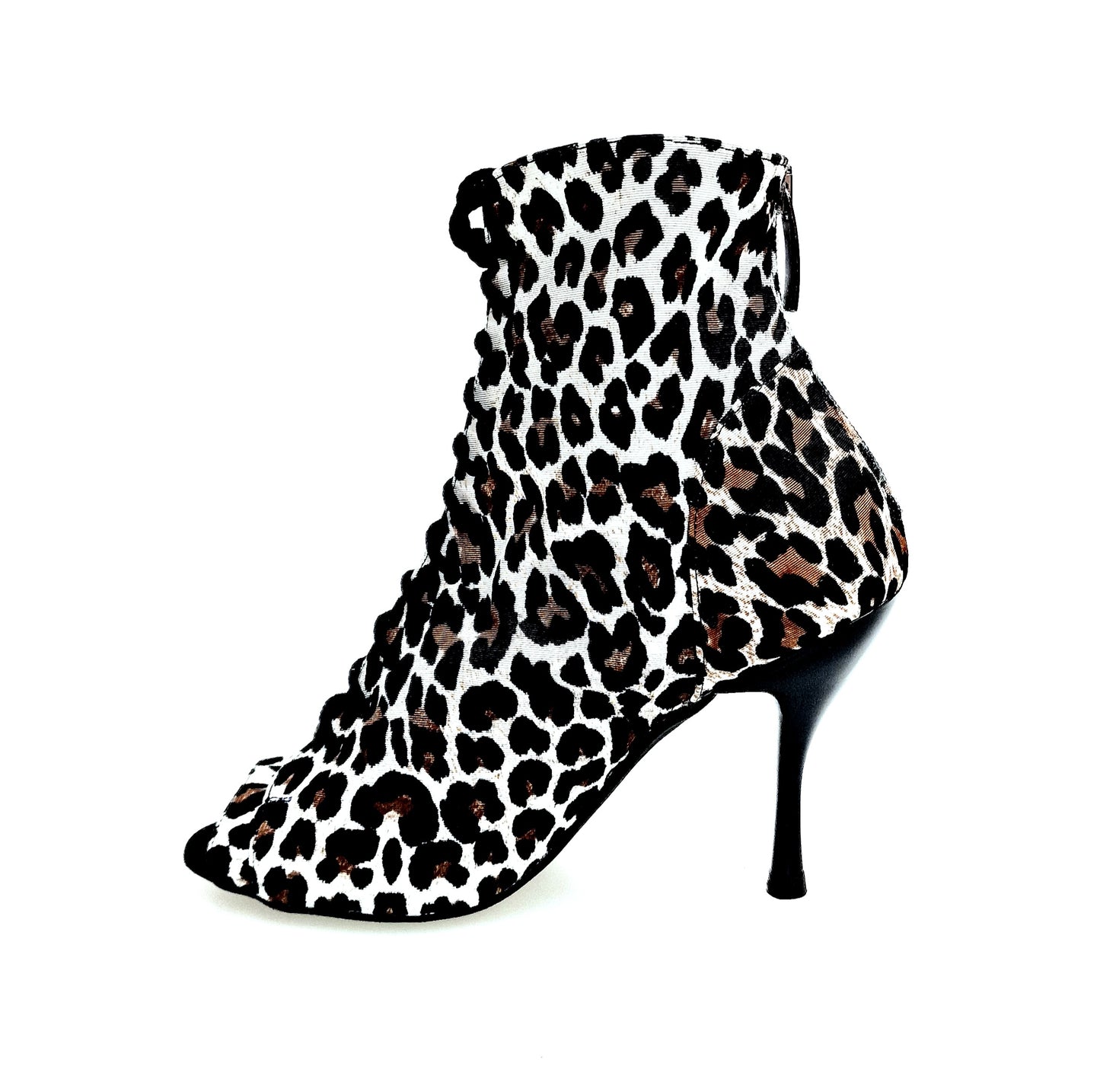 Stivaletto Alexis Leyopa Wish Dance Shop con zip, raso seta maculato leopardo bianco e tacco a spillo in alluminio smaltato nero