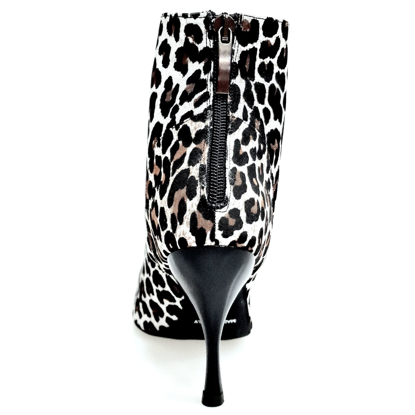 Stivaletto mezzo con zip ALEXIS Leyopa in raso seta leopardato bianco con tacco a spillo in alluminio smaltato nero
