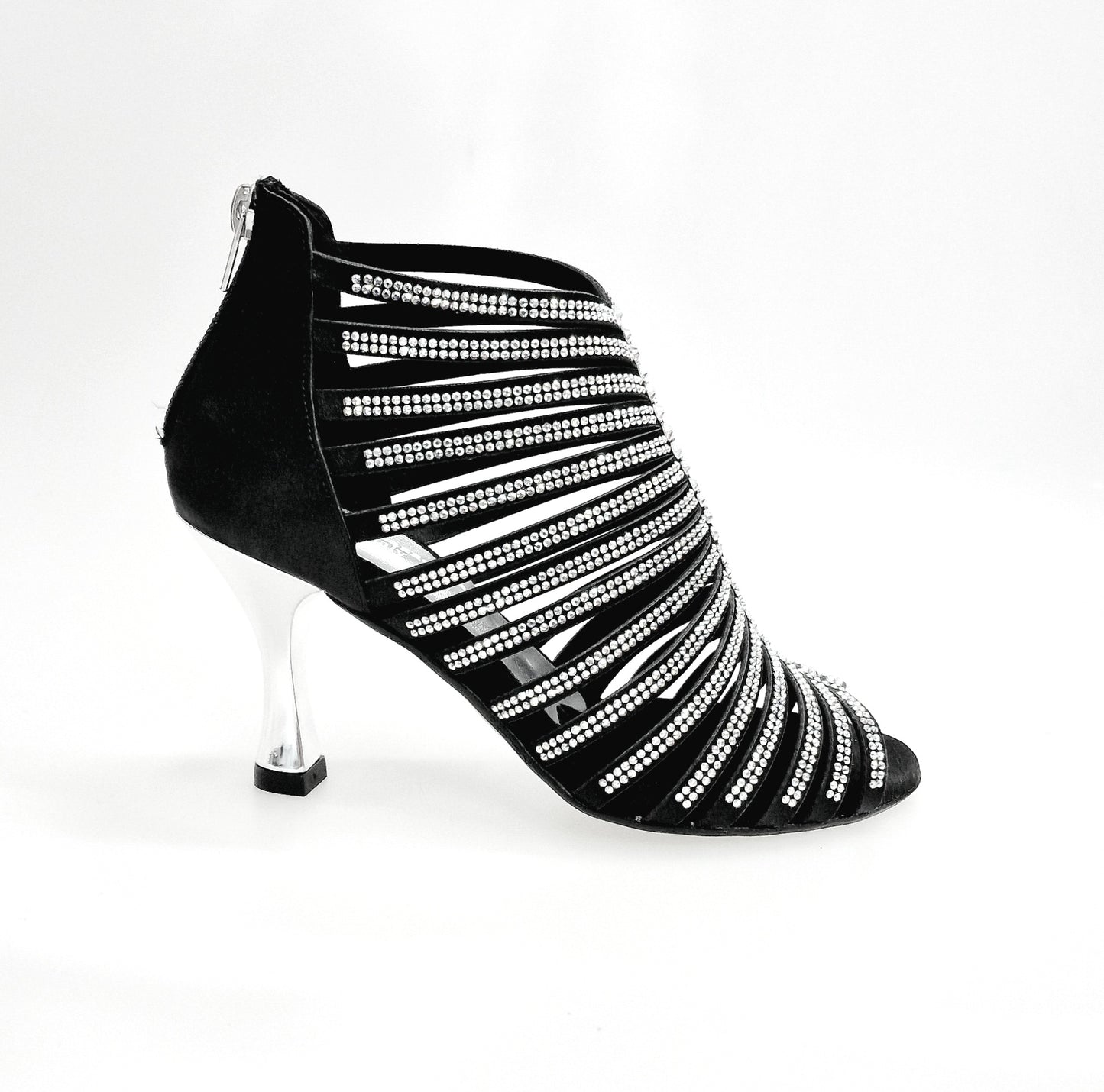 Sandalo a tronchetto da donna Wish Dance Shop Elsy Plus in raso di seta nero con Swarovski Boreali e tacco a rocchetto laminato argento