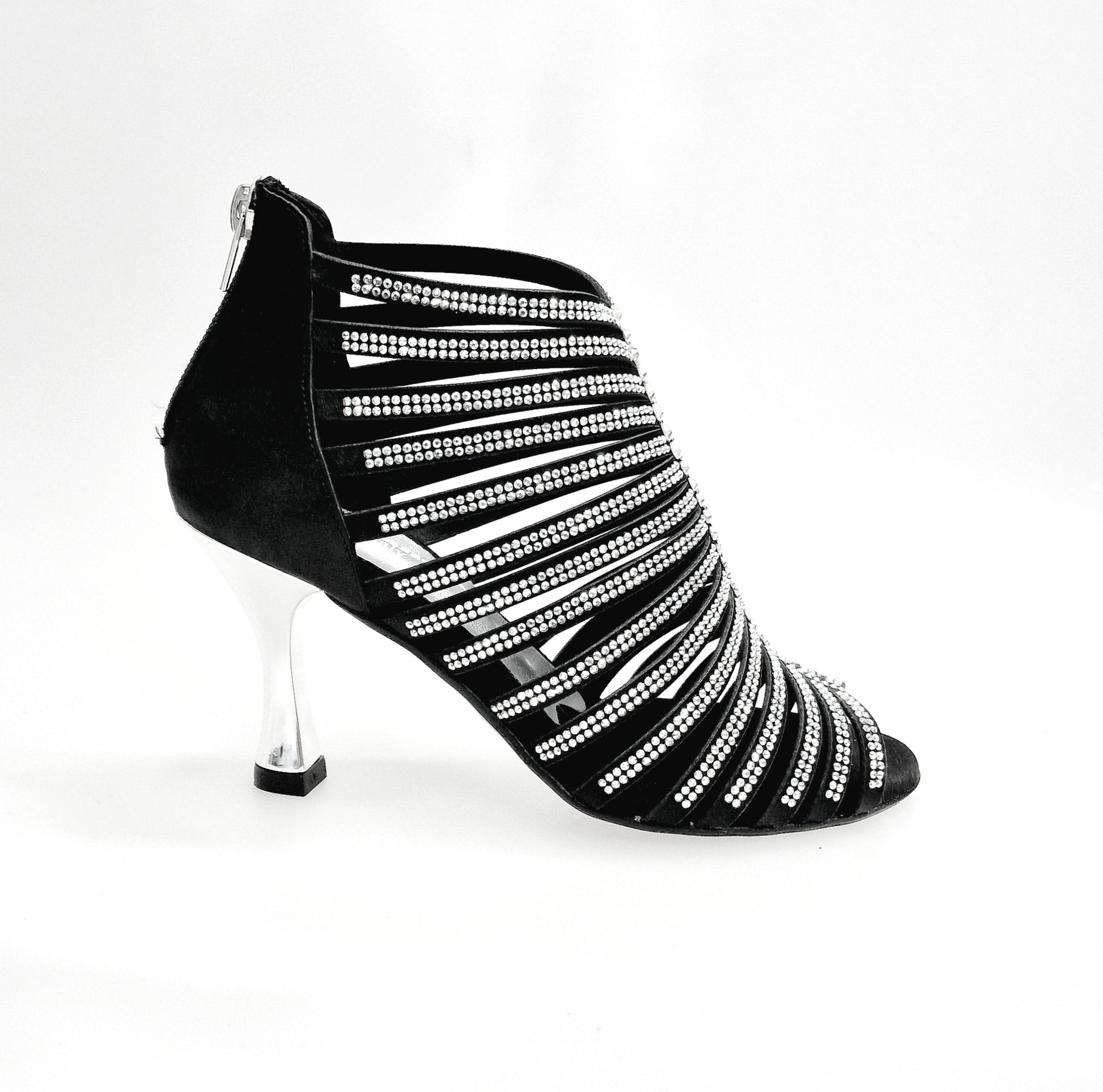 Sandalo a tronchetto da donna Wish Dance Shop Elsy Plus in raso di seta nero con Swarovski Boreali e tacco a rocchetto laminato argento