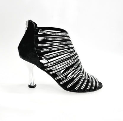 Sandalo a tronchetto da donna Wish Dance Shop Elsy Plus in raso di seta nero con Swarovski Boreali e tacco a rocchetto laminato argento