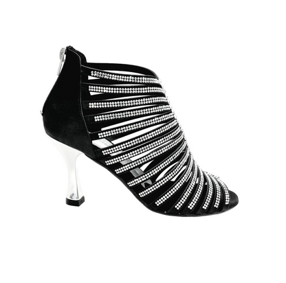 Sandalo a tronchetto donna ELSY Plus (L7) in raso seta nero con Swarovski Boreali e tacco laminato argento, stile elegante.