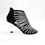 Load image into Gallery viewer, ELSY Plus (L7) - Sandalo a Tronchetto Da Donna in Raso Seta Nero Con Swarovski Boreali e Tacco a Rocchetto Laminato Argento
