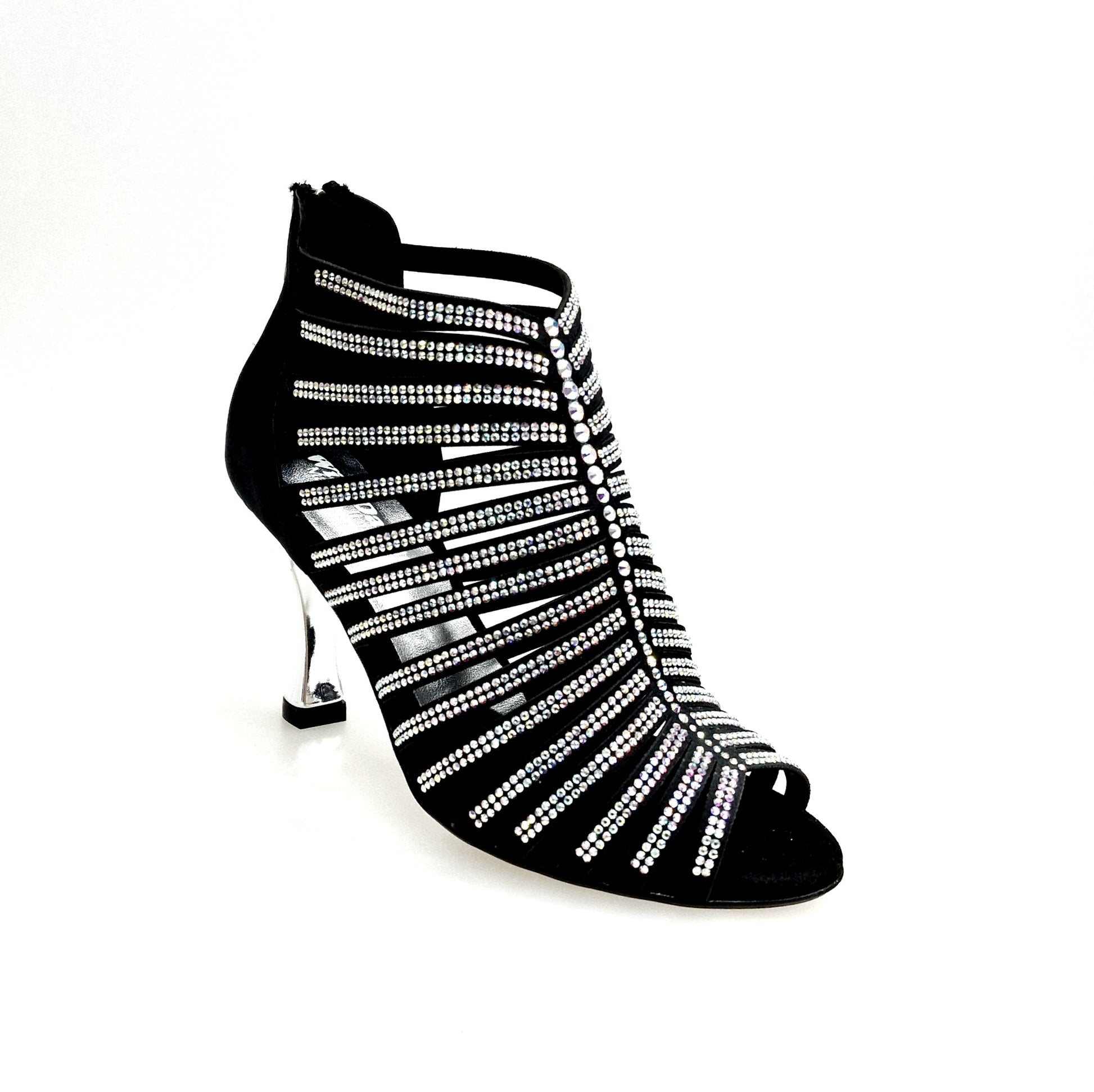 Sandalo a tronchetto donna ElsY Plus (L7) in raso seta nero con Swarovski Boreali e tacco a rocchetto laminato argento