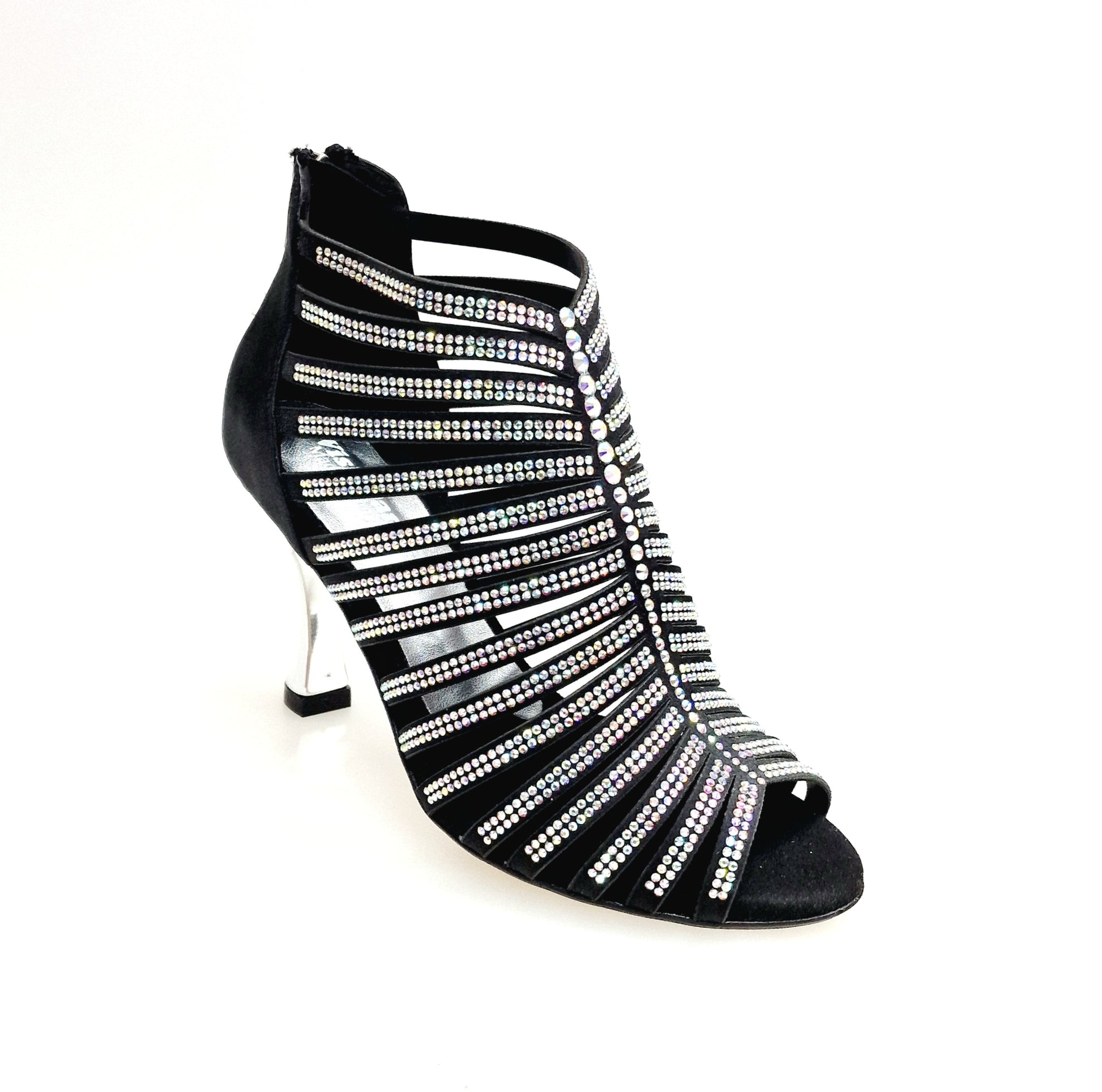 Sandalo a tronchetto donna ELSY Plus (L7) in raso seta nero con Swarovski Boreali e tacco lamina argento, vista frontale