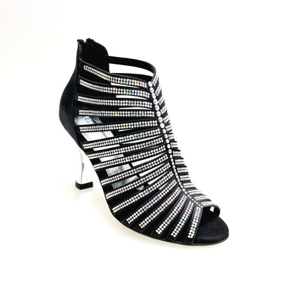 Sandalo a tronchetto donna ELSY Plus (L7) in raso seta nero con Swarovski Boreali e tacco lamina argento, vista frontale
